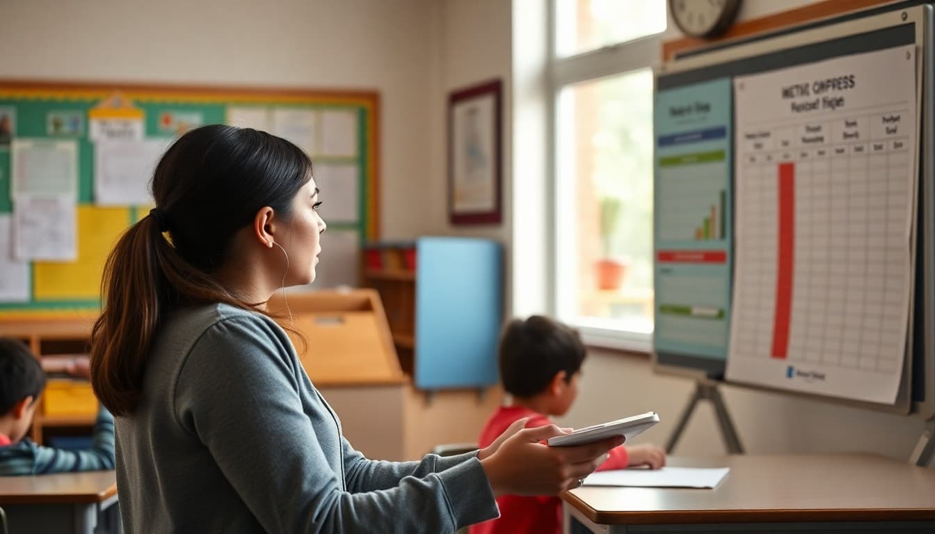 Teacher reviewing data tracking board in classroom with student progress indicators