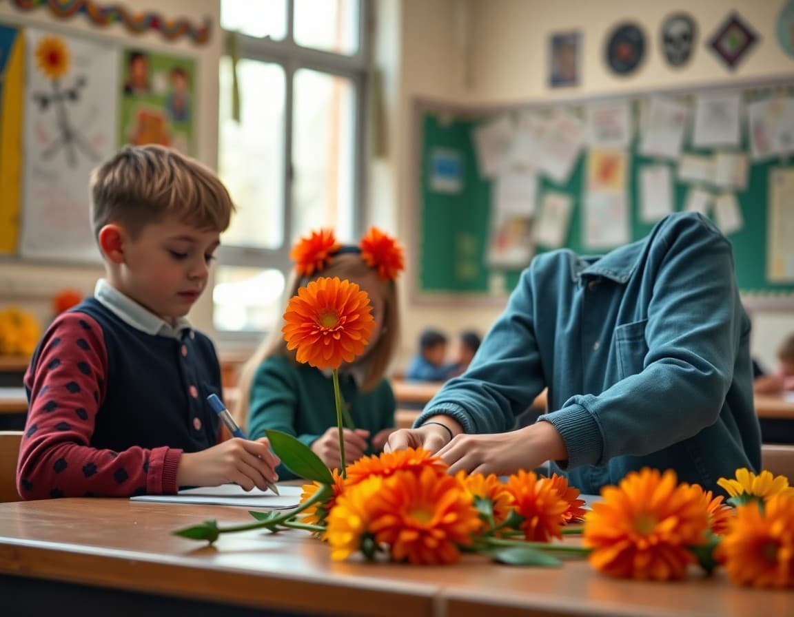 Students creating paper marigolds and learning about Day of the Dead traditions in class