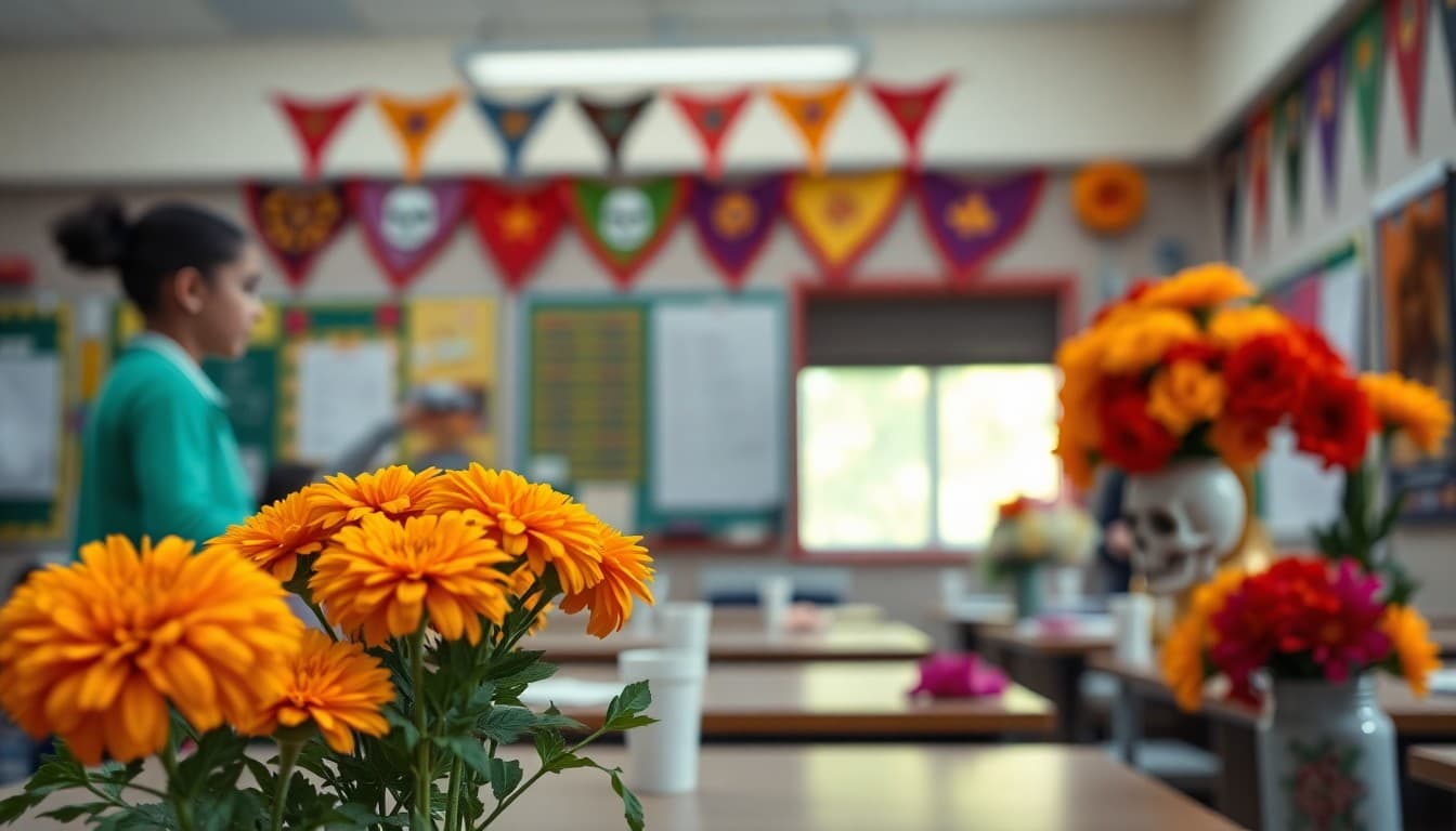 Colorful marigold flowers and traditional Day of the Dead altar decorations in a classroom