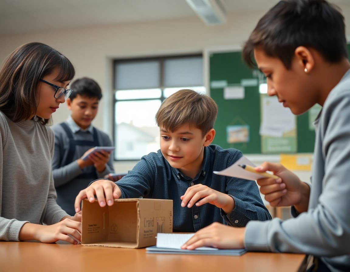 Student testing a cardboard prototype while teammates observe and take notes