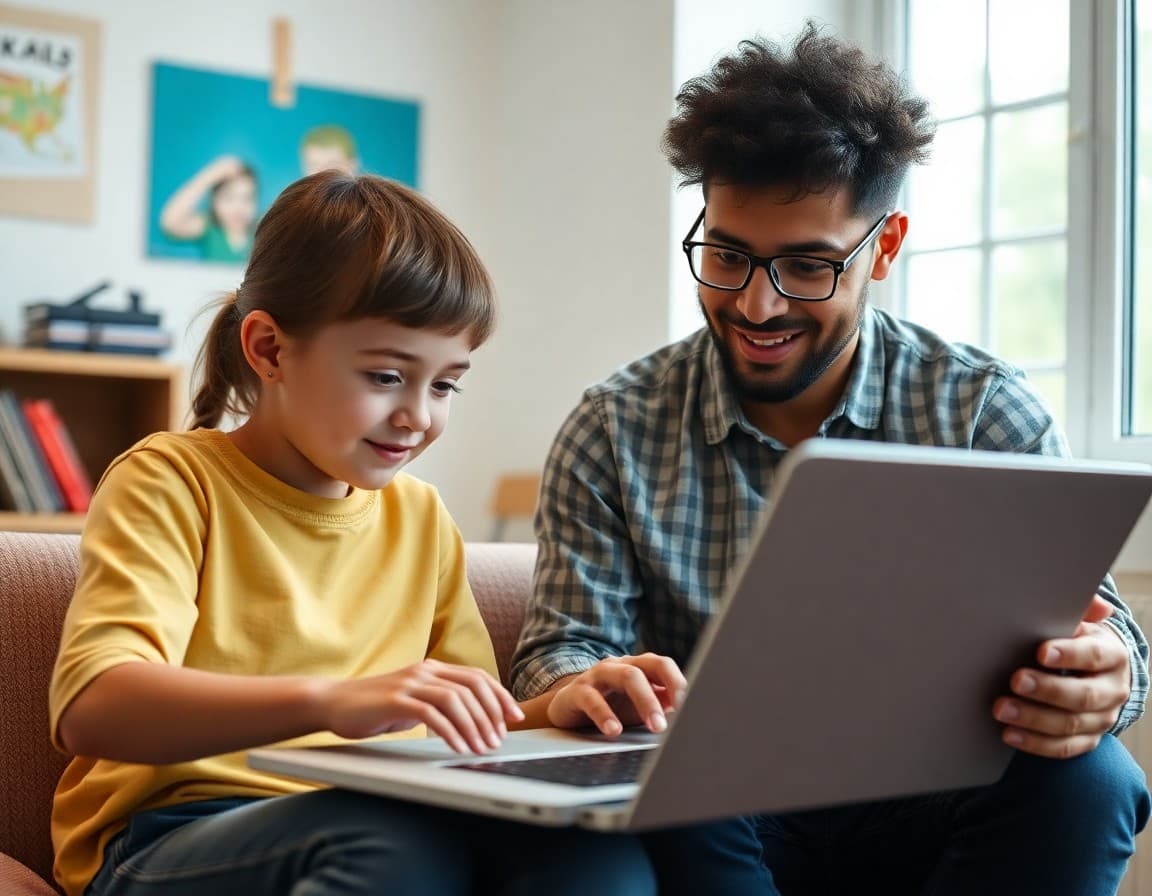 Parent reviewing a digital curriculum platform with their child on a home laptop