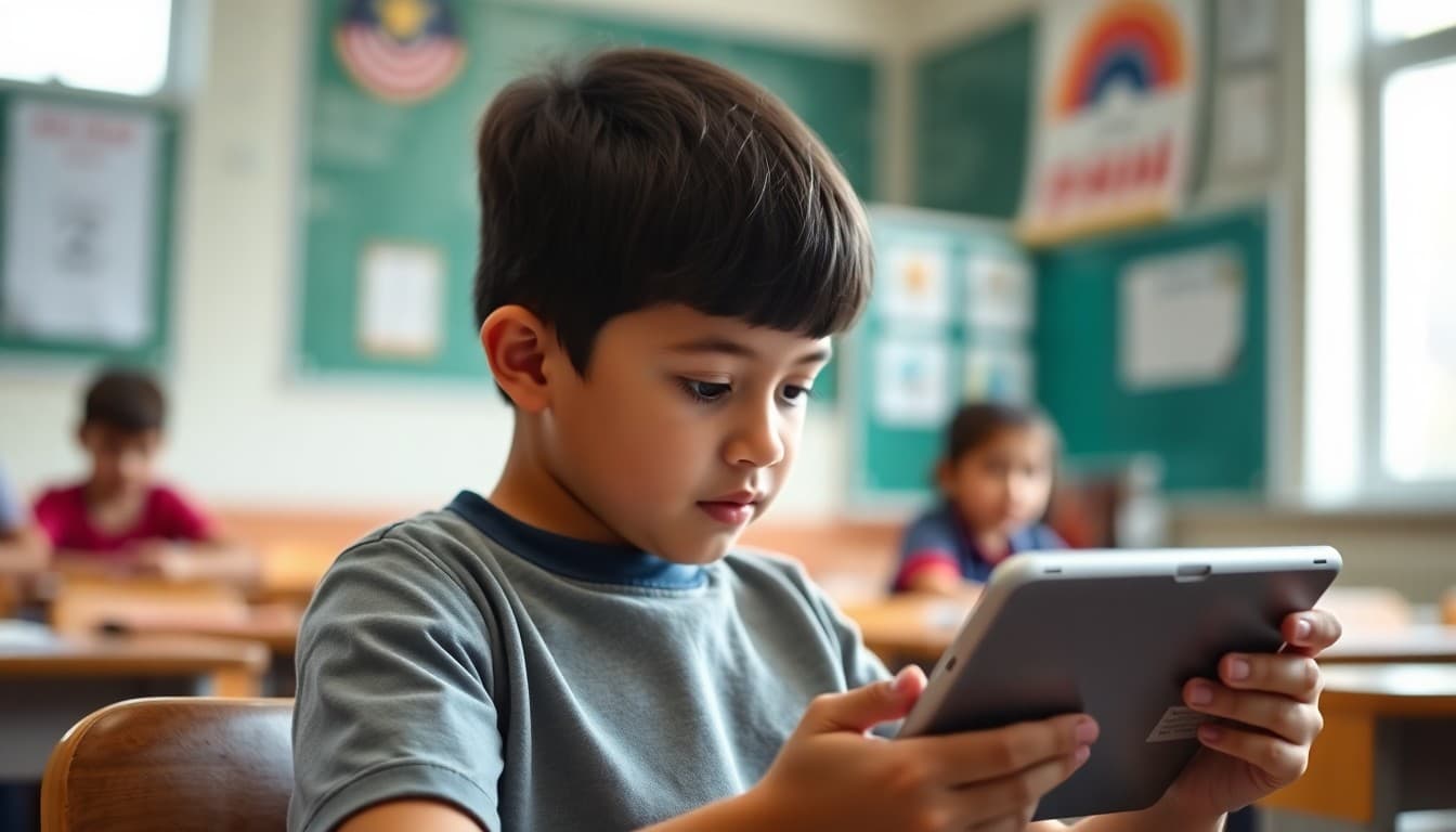 Student reading a digital textbook on a school-issued tablet in the classroom