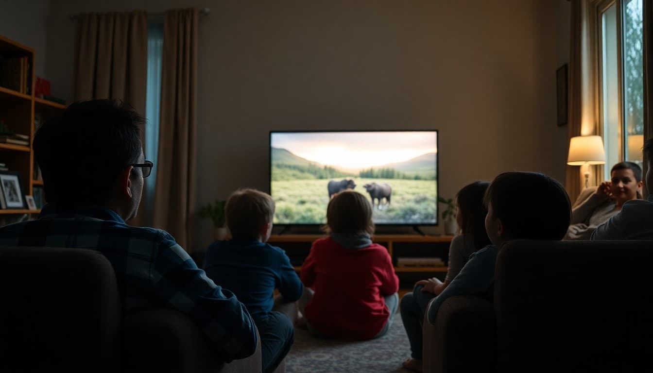 Family watching nature documentary together on television in living room at night