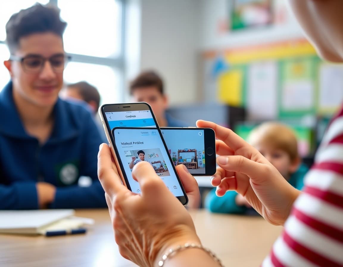 Parent viewing their child's ClassDojo portfolio on a phone showing student projects