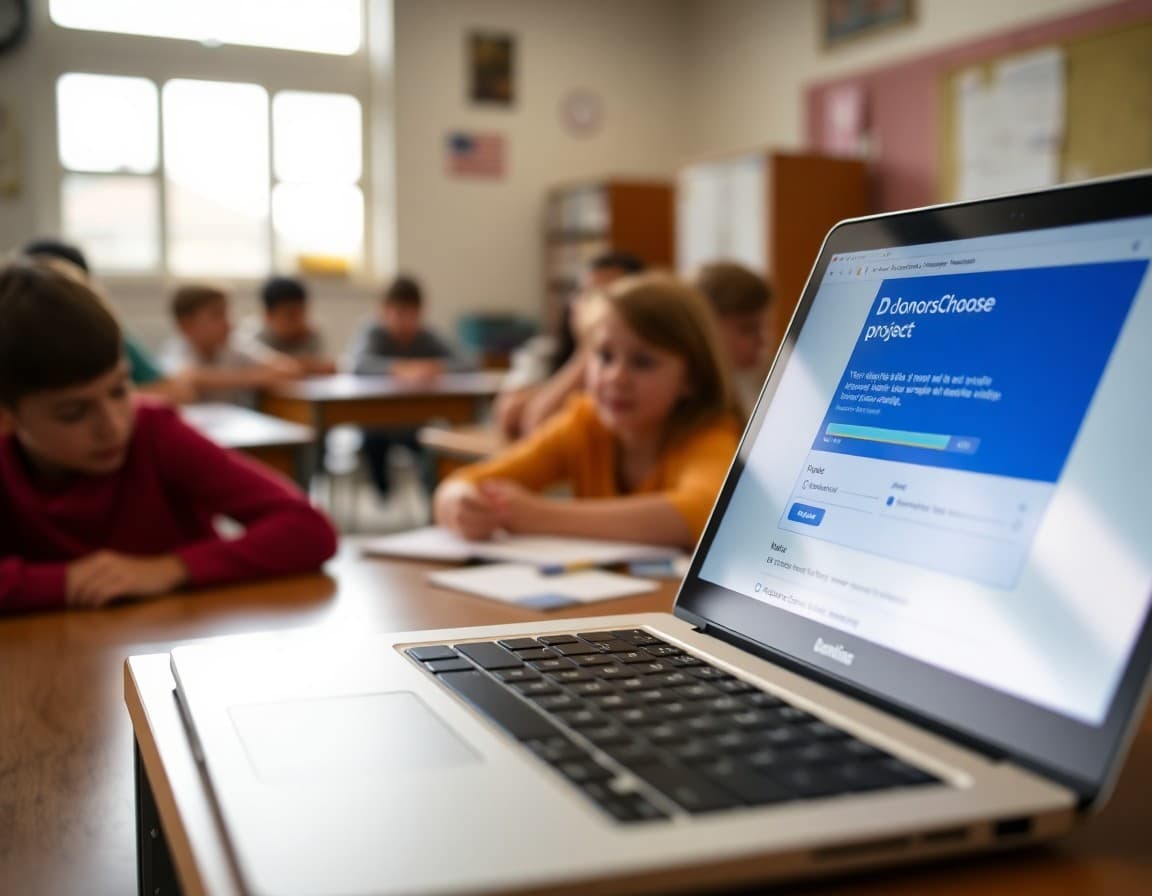 DonorsChoose project page on laptop showing funding progress bar