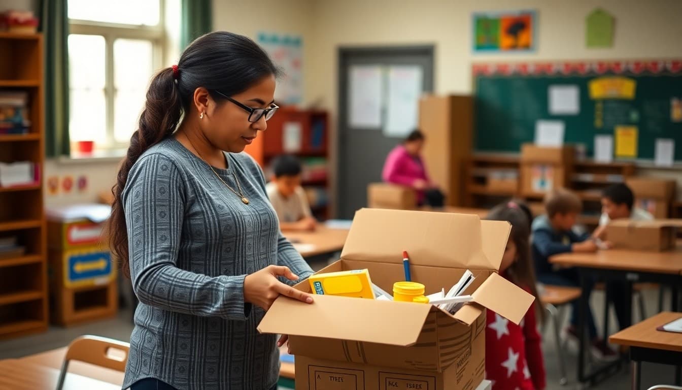 Teacher opening boxes of new classroom supplies funded through DonorsChoose project