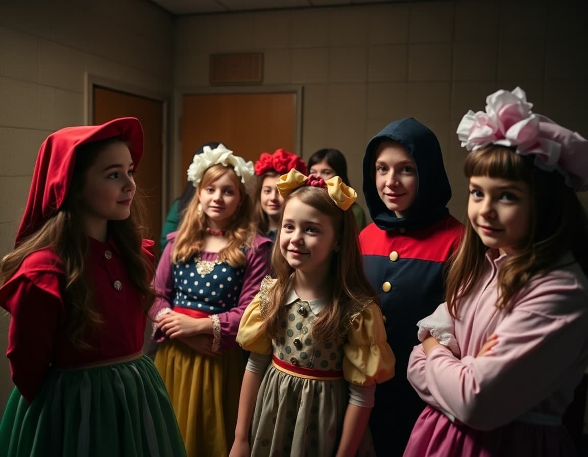 Drama club students in costume backstage before a school theater performance