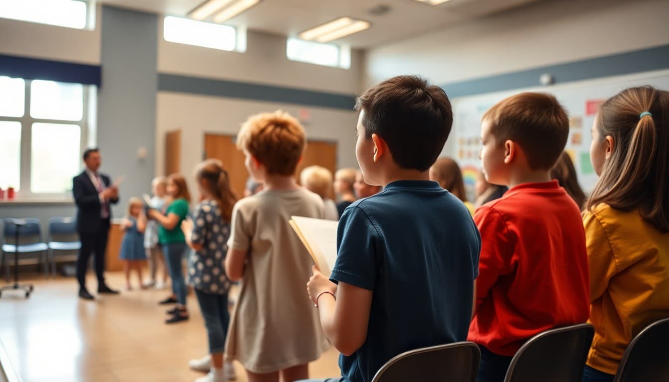 Students rehearsing on a school stage with a teacher director in the background
