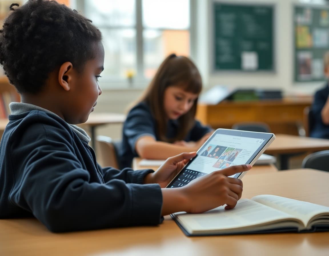 Student browsing a digital library on a school device during independent reading time