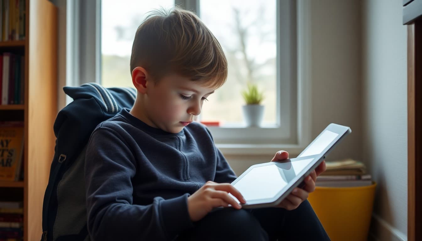 Child reading an eBook on a tablet in a cozy reading corner at home
