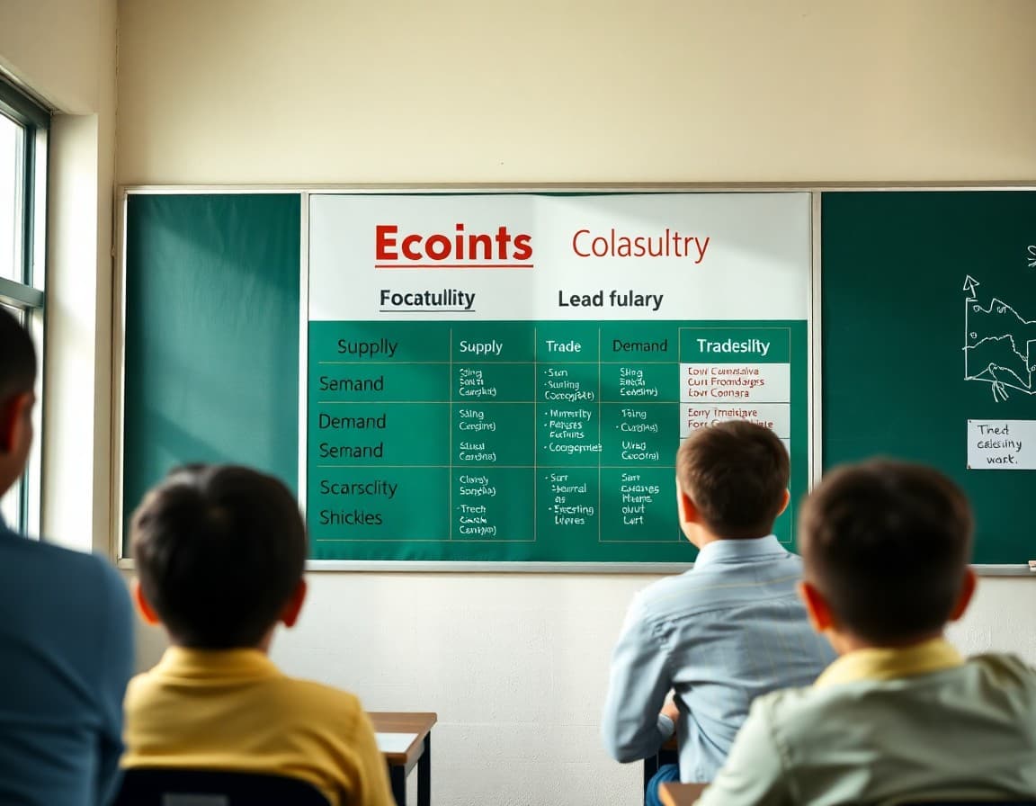 Economics vocabulary chart with supply, demand, scarcity, and trade on a classroom wall