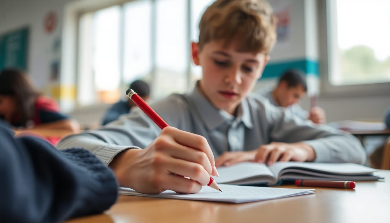 Student proofreading a draft with a red pencil making small corrections on lined paper