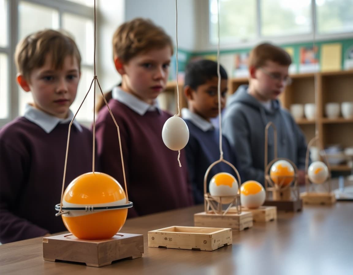 Egg drop devices lined up before the drop showing different student designs and materials