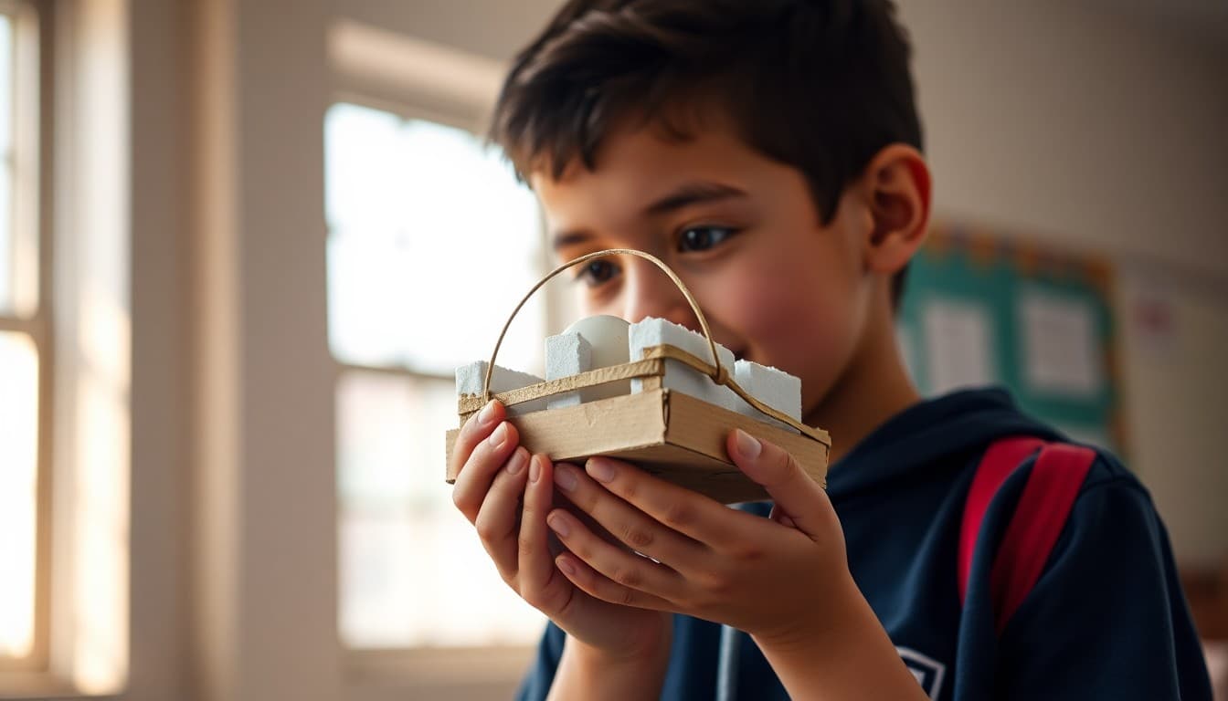 Student holding a protective egg drop contraption made from foam, cardboard, and rubber bands