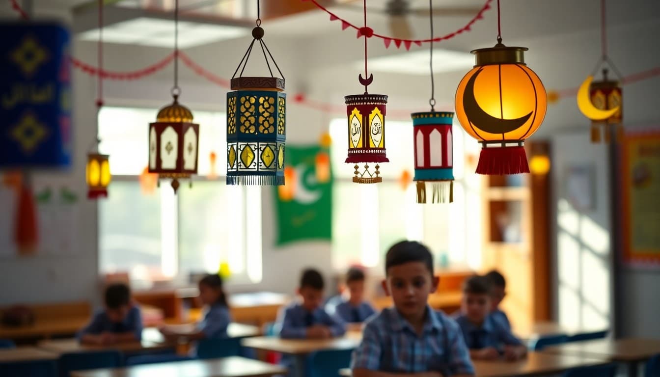 Colorful Eid decorations with lanterns and crescent moon symbols in a bright classroom display