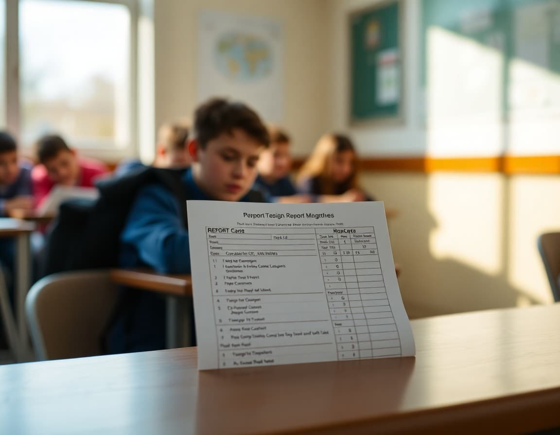 Report card with grades and teacher comments on a school desk