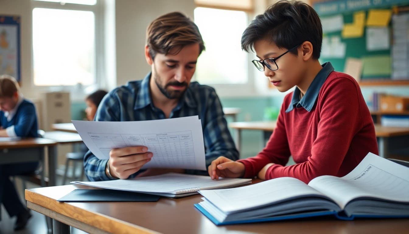 Teacher reviewing a grade report at a desk with a student portfolio open nearby