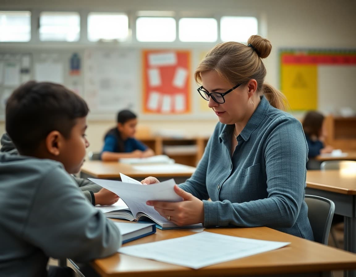 Teacher reviewing end-of-unit assessment data and student work on a classroom desk