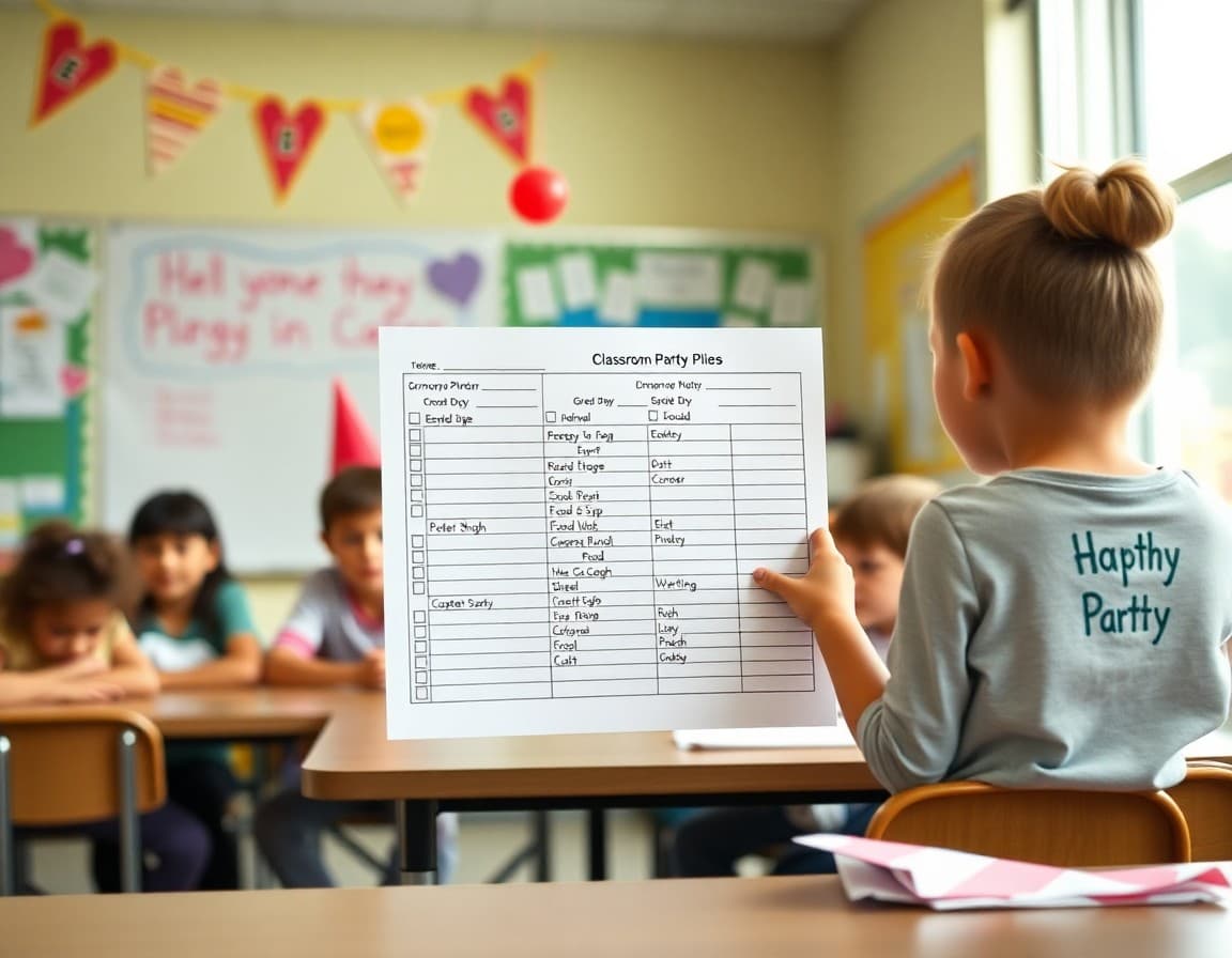 Classroom party planning supplies including sign-up sheet, food list, and decorations
