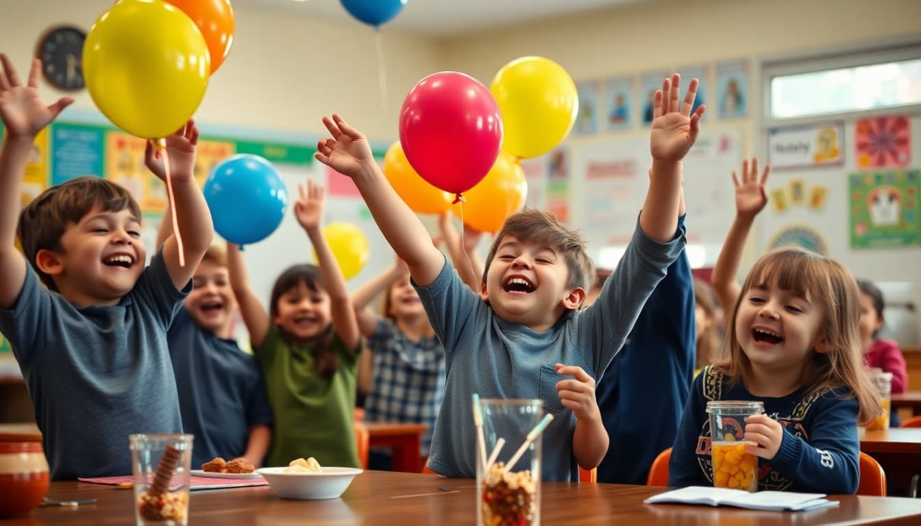 Students celebrating at an end-of-year classroom party with balloons and treats
