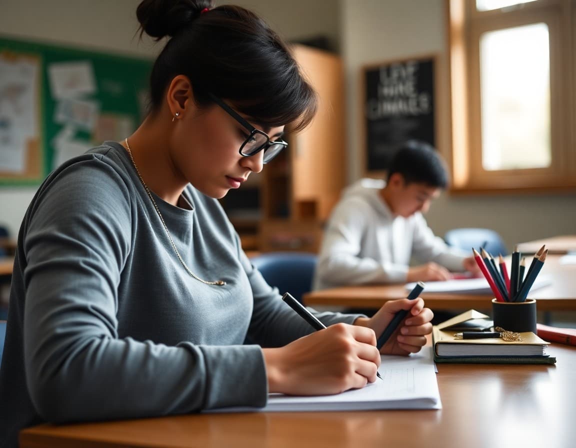 Teacher writing first-semester student progress notes at a desk before winter break
