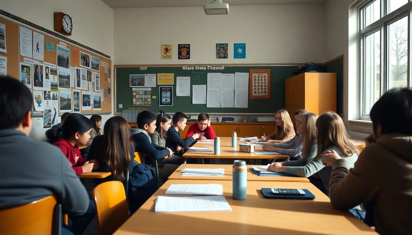 Classroom at the end of December with student work displayed and a first-semester reflection activity in progress