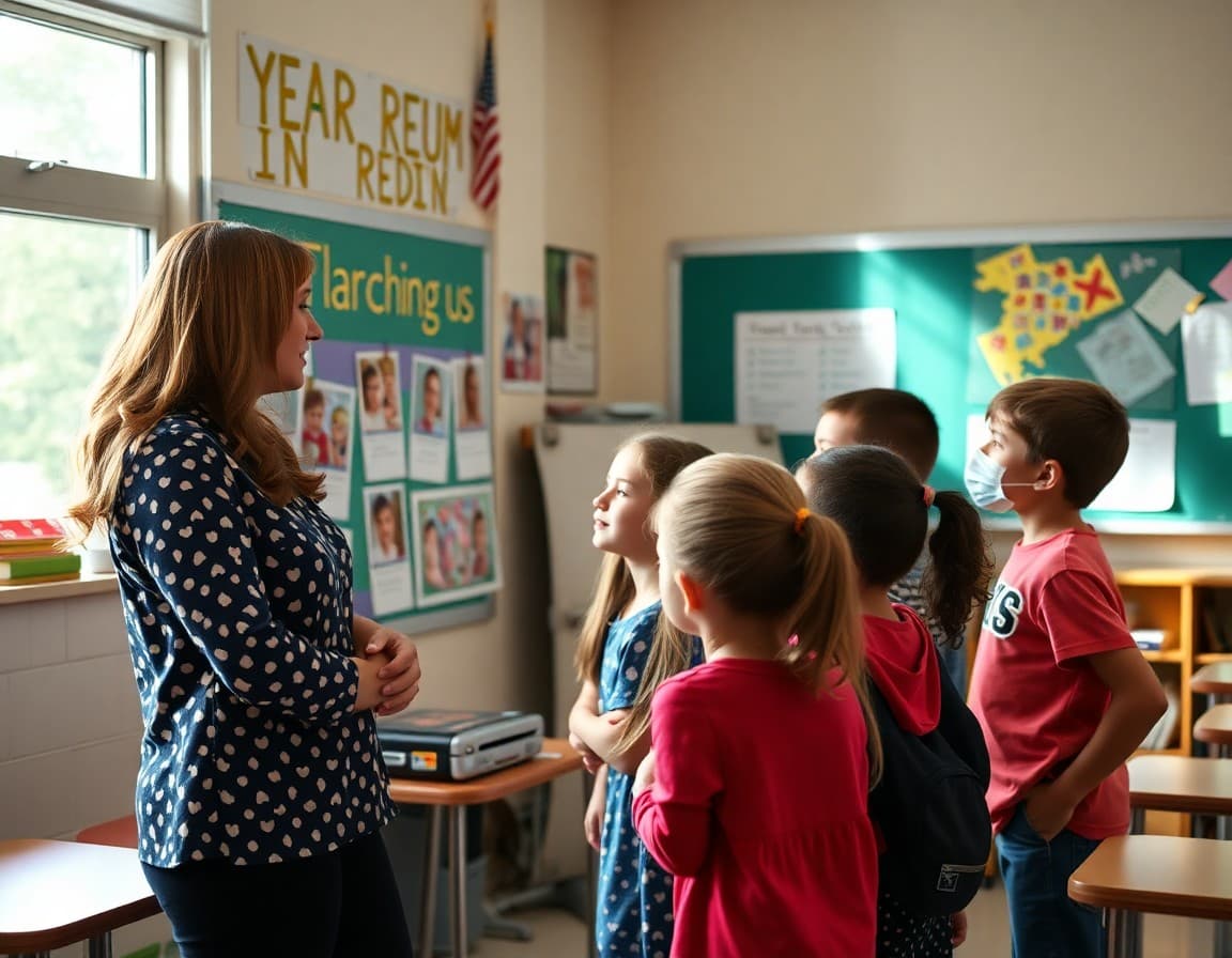 Teacher and students looking at a year-in-review classroom display during the final weeks of school