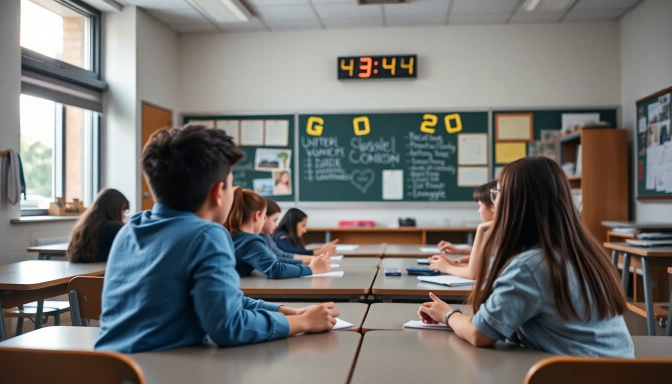 Classroom at the end of the school year with student portfolios displayed and a graduation countdown