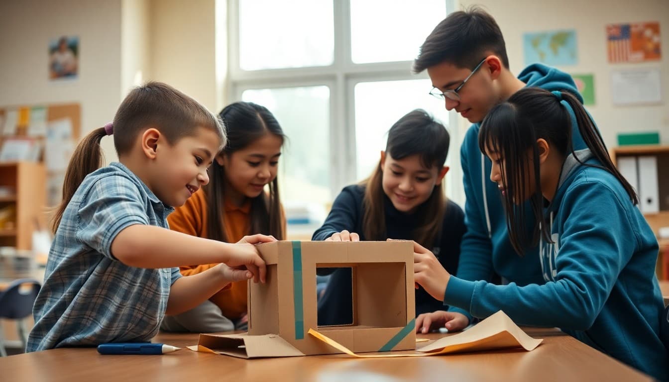 Students working together to build and test an engineering design solution with cardboard and tape