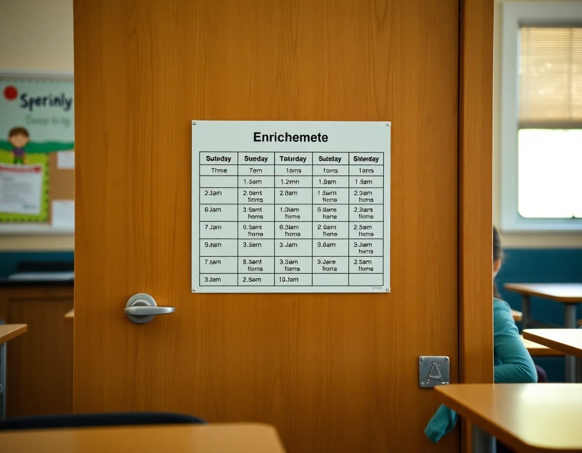 Enrichment schedule posted on classroom door showing student pullout times