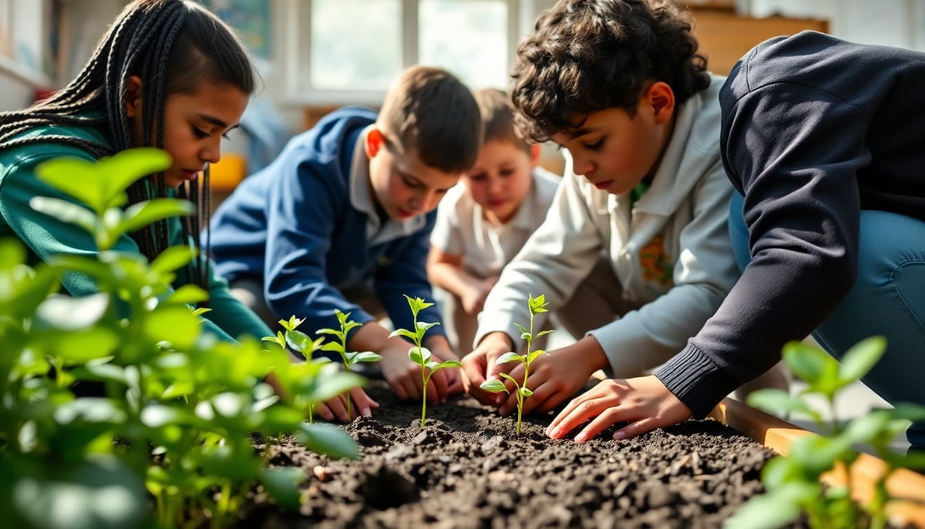 Students planting seedlings in a school garden as part of an environmental action project