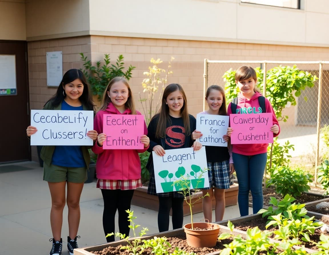 Environmental club members holding signs near a school garden project