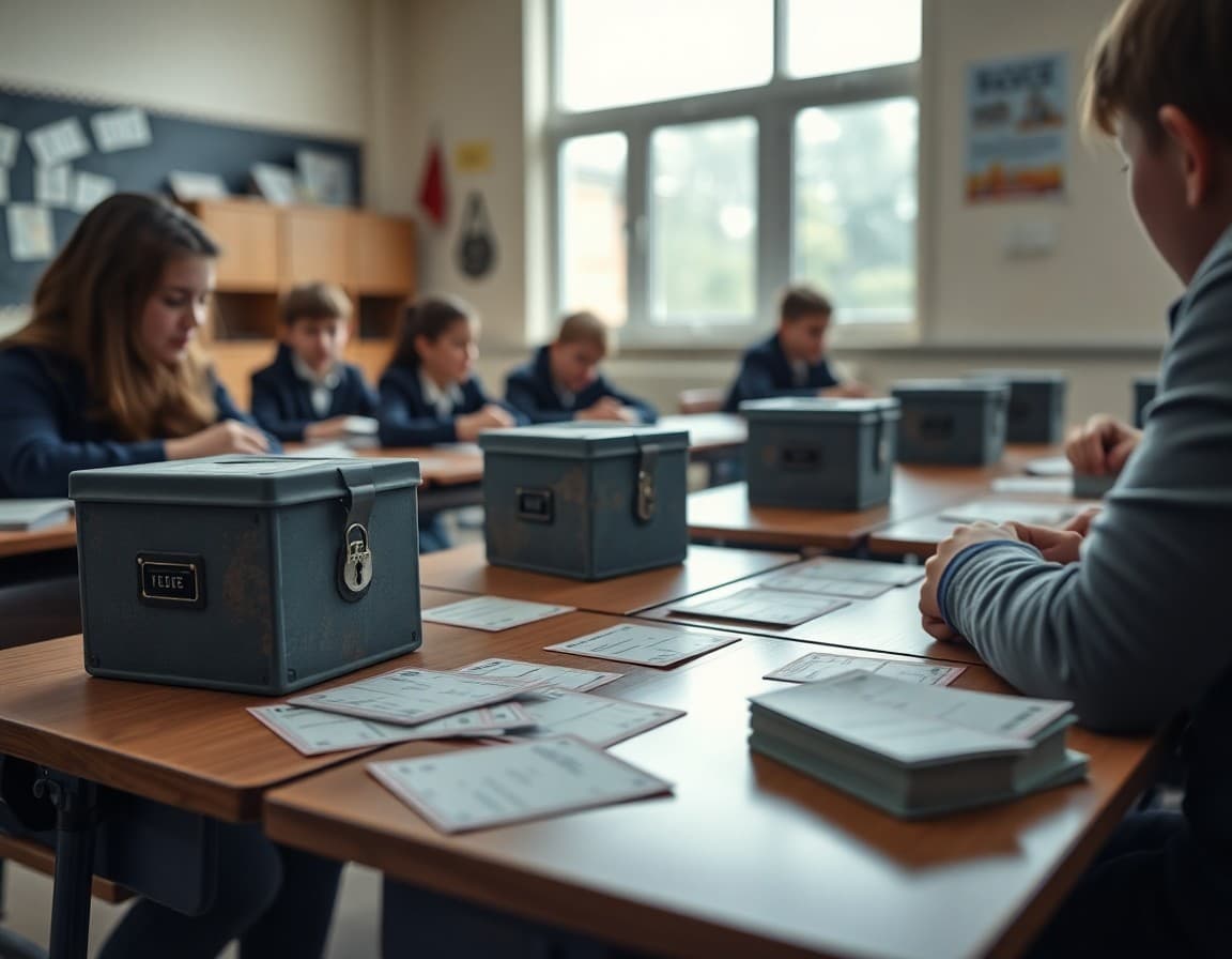 Lock boxes and puzzle clue cards arranged on classroom desks for an escape room