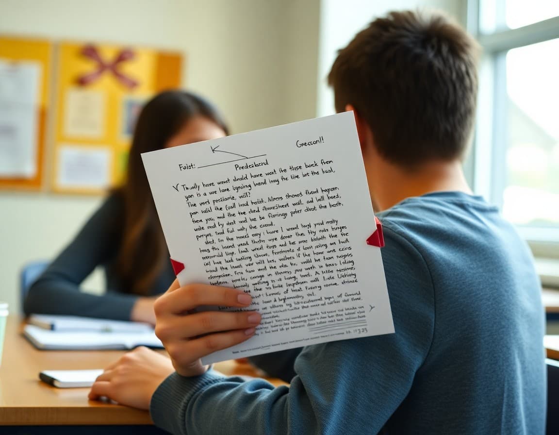 Student essay draft with revision marks, arrows, and feedback notes in the margins