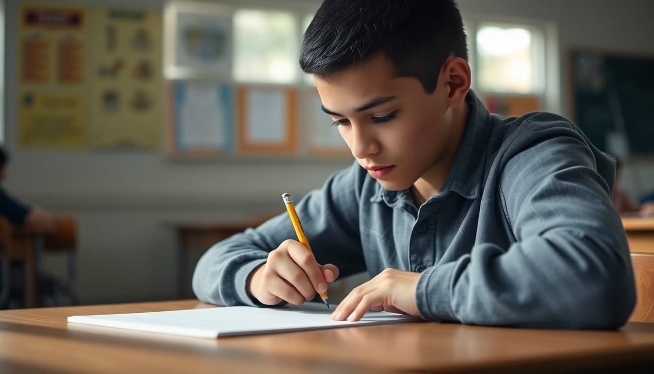 Student drafting an essay at a desk with a pencil and lined paper, deep in thought