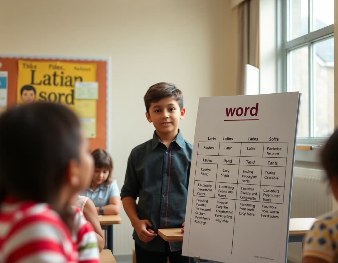 Student presenting the origin of a word on a poster showing its Latin roots