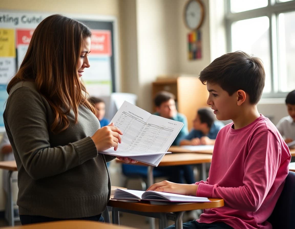 Teacher reviewing a gradebook with a student to discuss extra credit options and current standing