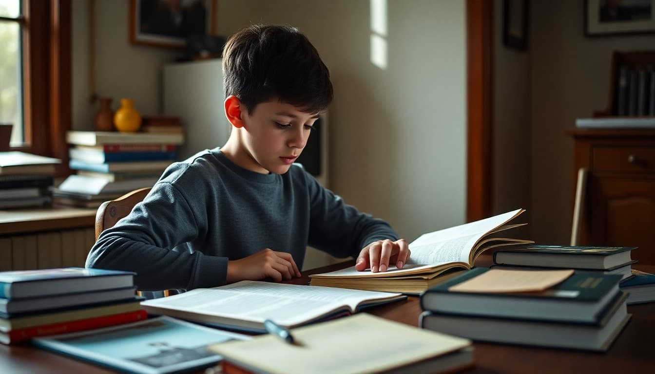 Student working on an optional enrichment assignment at home with books spread on the table