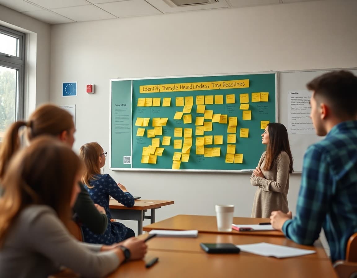 Classroom discussion about identifying misleading headlines with student sticky notes on a shared chart