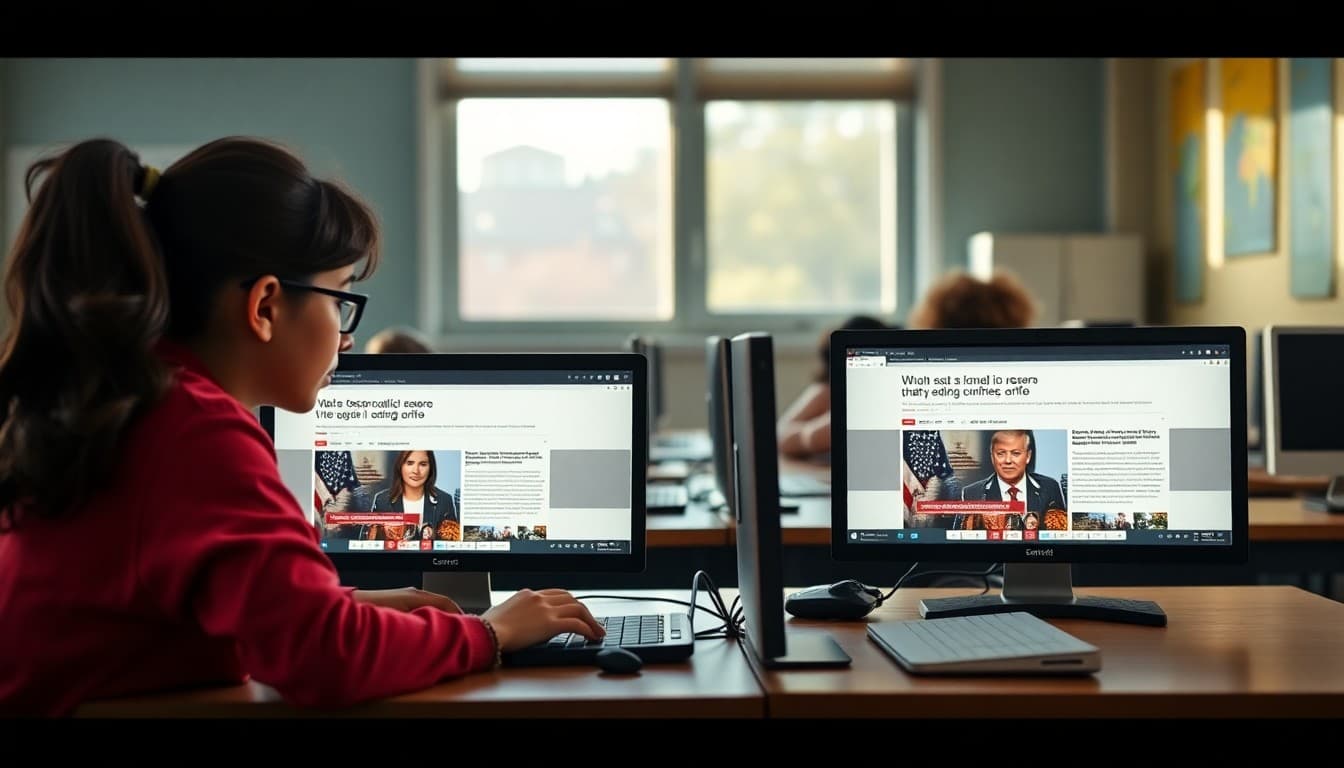 Students at computers comparing two news headlines and evaluating which source is more credible