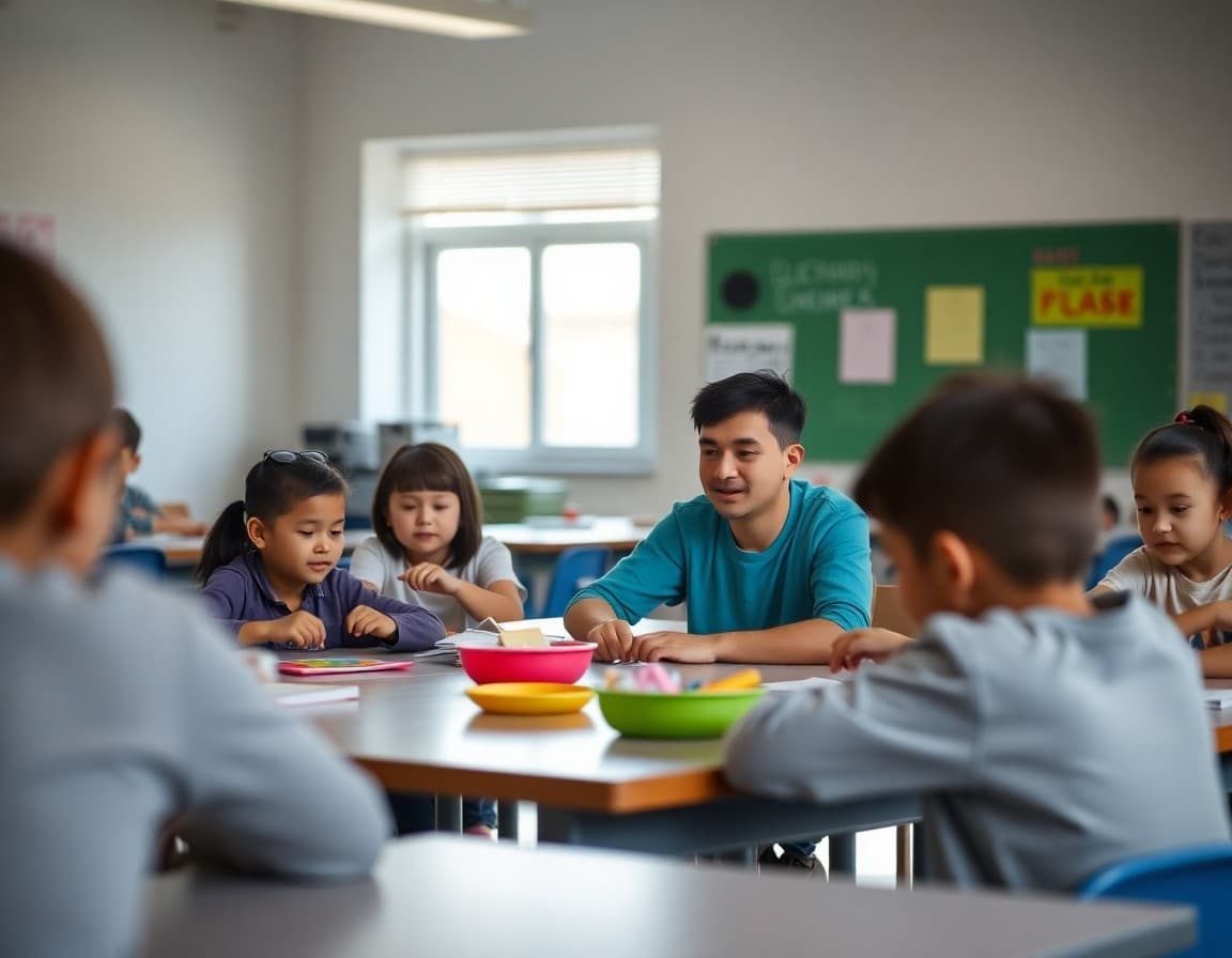 Families sitting at tables doing hands-on activities in a classroom setting