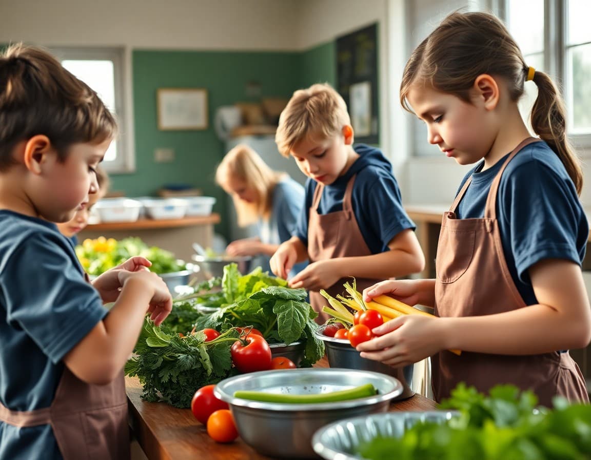 Students cooking with fresh vegetables harvested from a school or farm garden