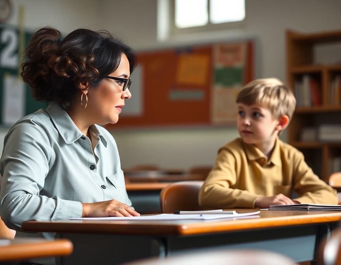 Teacher speaking with a student quietly at their desk in a supportive classroom setting