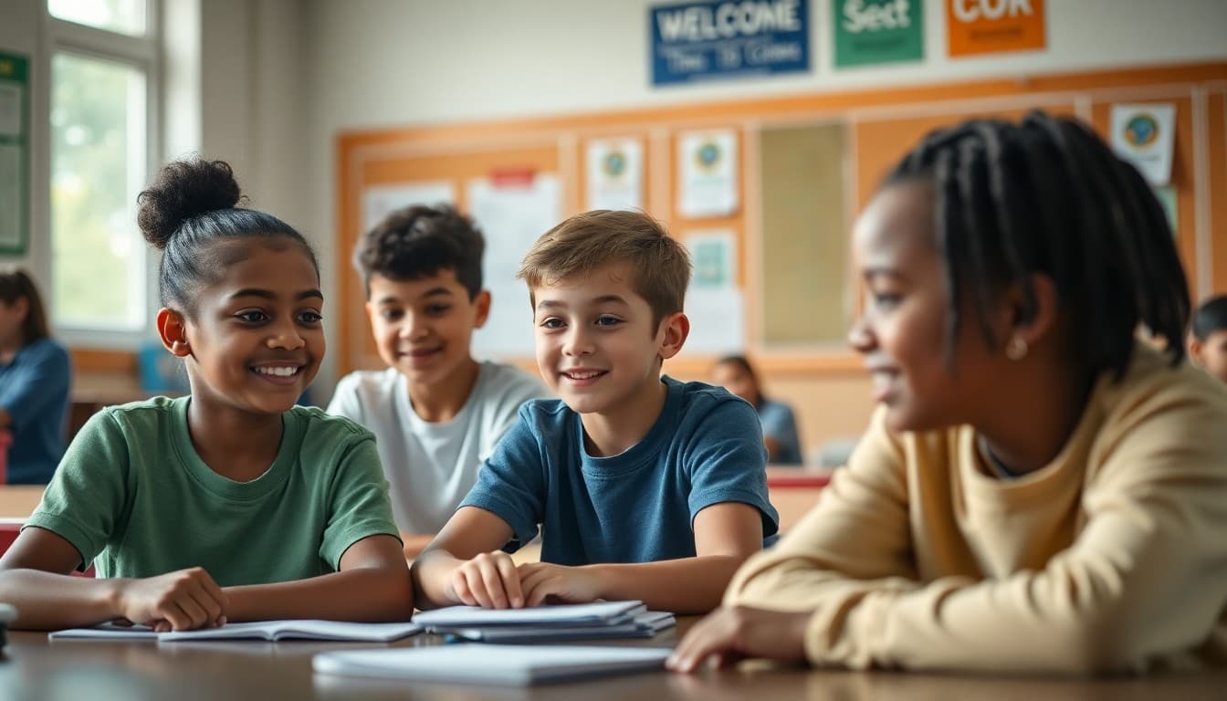 Diverse group of students working together respectfully in a welcoming classroom