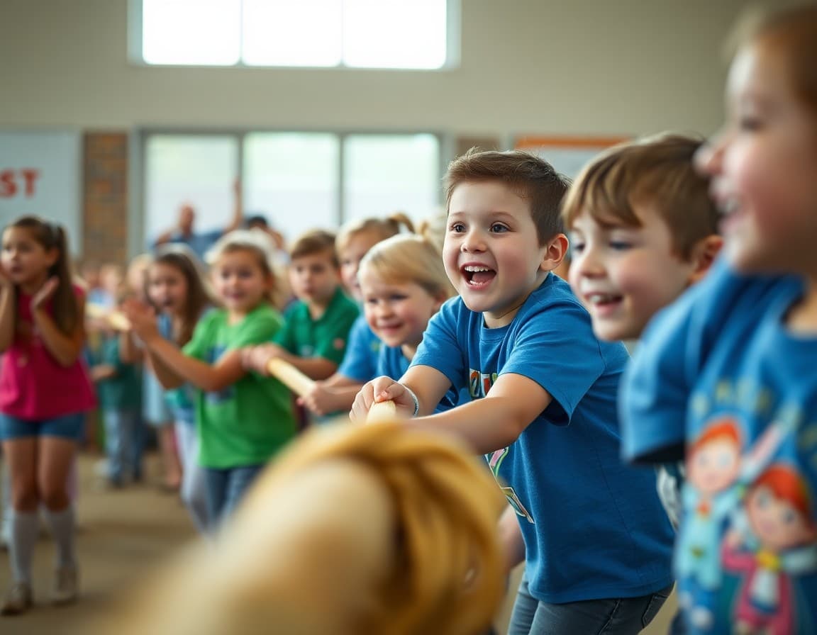 Elementary students cheering at a tug of war event during school field day