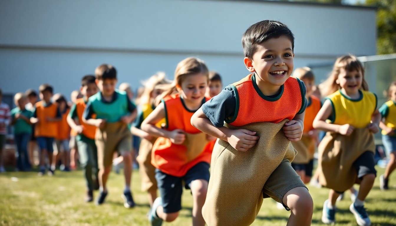 Students competing in a sack race on a sunny field day with colorful team bibs
