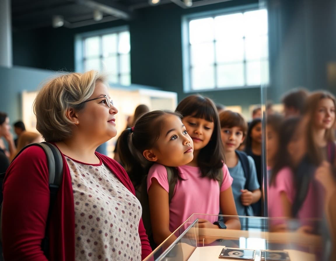 Chaperone and students looking at an exhibit together during a museum field trip