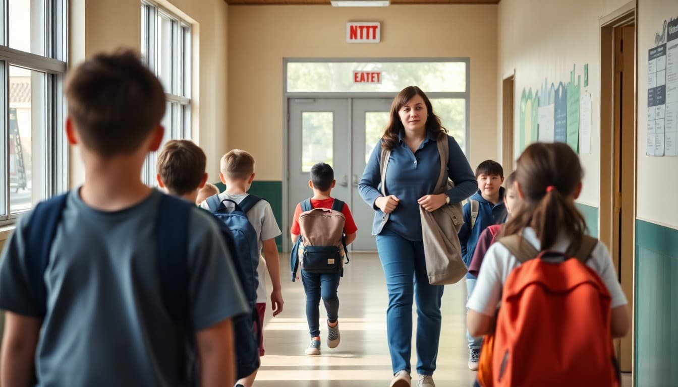 Parent chaperone walking with a group of students on a school field trip
