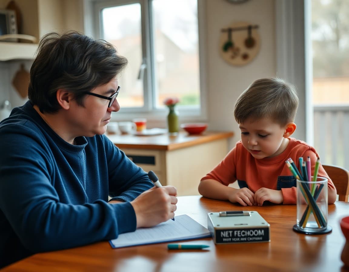 Parent filling out a field trip permission form at the kitchen table with their child