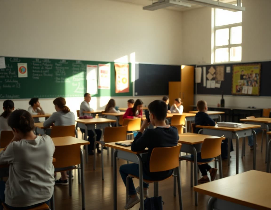 Classroom arranged with varied seating options including standing desks and low tables